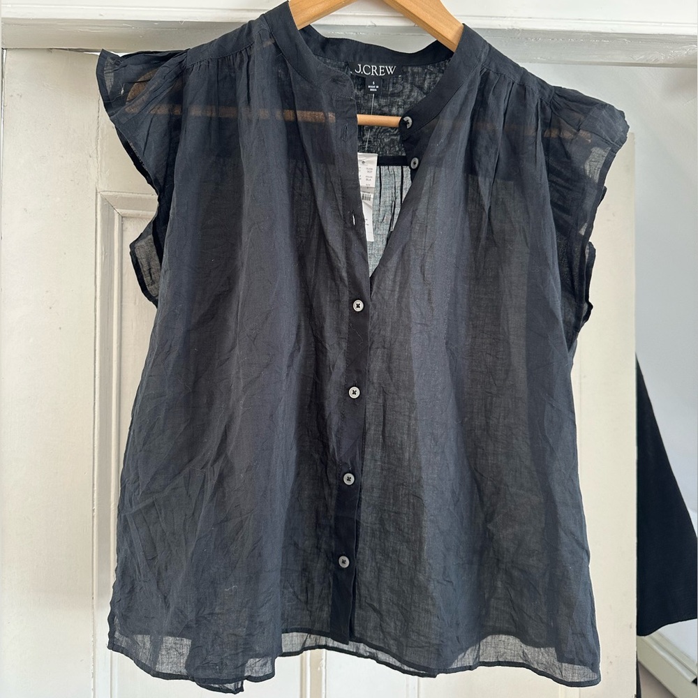 🏷️ NWT J.Crew Flutter-sleeve button-up shirt in cotton voile. Black. Size Small - Picture 3 of 6